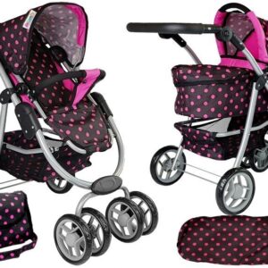 2in1 Puppenwagen mit schwarz-rosa Gondel Tasche
