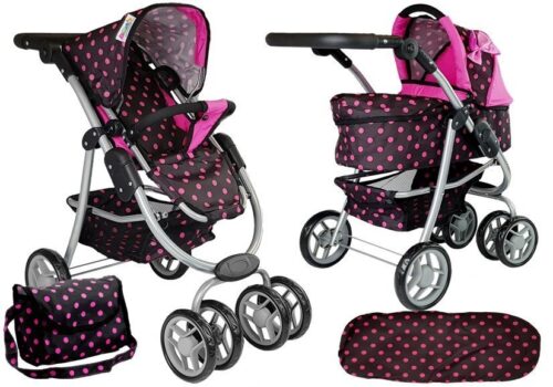 2in1 Puppenwagen mit schwarz-rosa Gondel Tasche